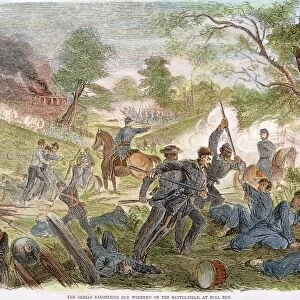 BULL RUN: REBEL BAYONETS. Confederate soldiers bayoneting wounded Union soldiers during the (First) Battle of Bull Run, 21 July 1861: wood engraving from a contemporary Northern newspaper
