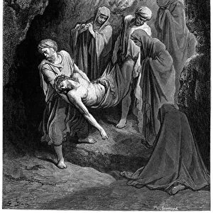 BURIAL OF JESUS. The crucified Jesus is laid to rest in the sepulchre (John 19: 41-42). Wood engraving, 19th century, by Paul Jonnard after Gustave Dor