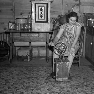 BUTTER CHURN, 1936. Farmers wife churning butter, Emmet County, Iowa. Photograph by Russell Lee