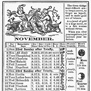 The calendar for November from Dr. J. H. McLeans Family Almanac, 1874