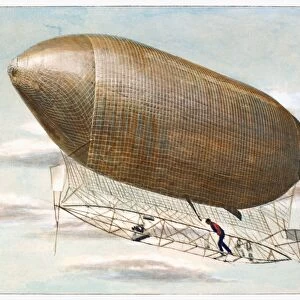 The California Arrow, a dirigible created by Thomas Baldwin, in flight over St. Louis during the Worlds Fair in 1904. Contemporary colored engraving