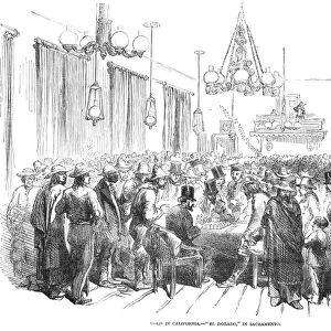 California gold miners at the El Dorado saloon in Sacramento. Wood engraving, 1852