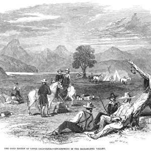 CALIFORNIA GOLD RUSH, 1849. Gold miners in camp in the Sacramento Valley, California, 1849. Wood engraving from a contemporary English newspaper