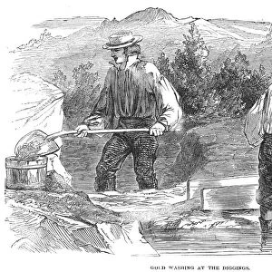 CALIFORNIA GOLD RUSH, 1849. Miners washing gold in California during the early days of the Gold Rush. Wood engraving, 1849
