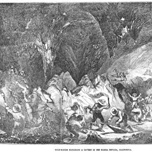CALIFORNIA GOLD RUSH, 1859. Gold miners exploring a cavern in the Sierra Nevada, California. Wood engraving from an American newspaper of 1859