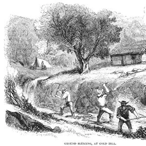 CALIFORNIA GOLD RUSH, 1860. Ground sluicing opertions at Gold Hill, California. Wood engraving, American, 1860