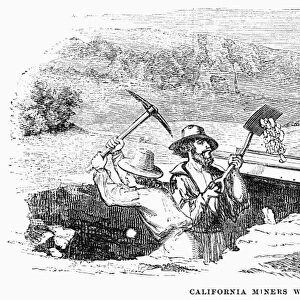 CALIFORNIA GOLD RUSH. California miners working the long tom. Wood engraving, 1852