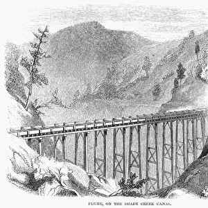 CALIFORNIA GOLD RUSH. Flume, on the Shady Creek Canal. Wood engraving, 1860