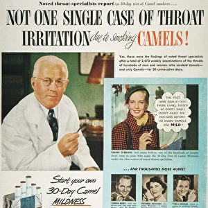 CAMEL CIGARETTE AD, 1950. Not One Single Case of Throat Irritation : advertisement for Camel cigarettes from an American magazine of 1950