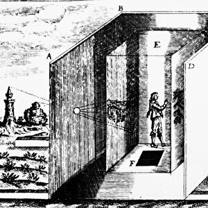CAMERA OBSCURA, 1646. The large camera obscura constructed in Rome, Italy, by Athanasius Kircher in 1646, shown with the top and front cut away. Line engraving, 17th century