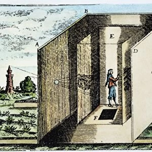 CAMERA OBSCURA, 1646. The large camera obscura constructed in Rome by Athanasius Kircher in 1646, shown with the top and front cut away: line engraving, 17th century