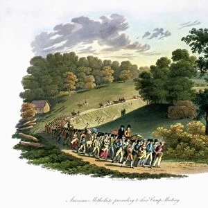 CAMP MEETING, 1819. American Methodists proceeding to their Camp Meeting. Aquatint, English, 1819, after Jacques G