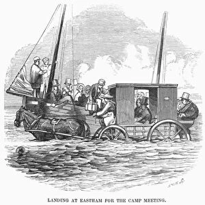 CAMP MEETING, 1852. Disembarking at low tide at Eastham on Cape Cod, Massachusets, for a camp meeting. Wood engraving, American, 1852