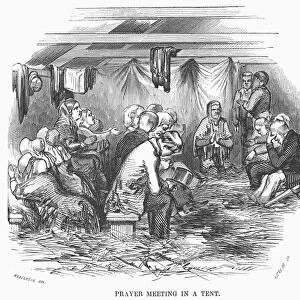 CAMP MEETING, 1852. Prayer meeting in a tent during a camp meeting at Eastham on Cape Cod, Massachusetts. Wood engraving, American, 1852