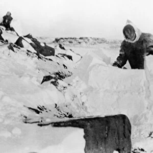 CANADA: IGLOO, c1929. An Eskimo man building an igloo, Canada. Photograph c1929