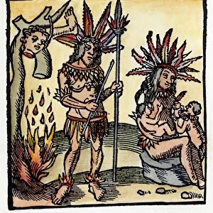 CANNIBALS. Cannibals in the New World. Woodcut from Of the landes and of ye people