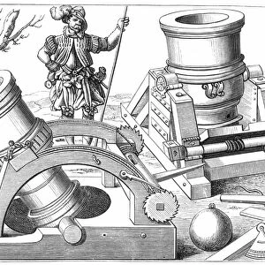 CANNONS, 1575. Bombards mounted on mobile gun-carriages: wood engraving from Georg von Frundsbergs Kriegsbuch, published in 1575 at Frankfurt