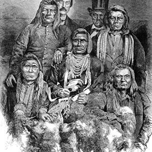 CAPTAIN JACK. Modoc chief. Captain Jack (center) with some of his comrades including John Schonshin (upper right), Hooker Jim (lower right) and Shac Nasty Jim (lower left). Wood engraving, 1873