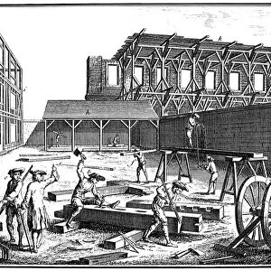 CARPENTERS, 18th CENTURY. Carpenters sawing timbers (a), chiseling mortises (b), squaring joints (c), and trimming beams (d). Copper engraving, 18th century