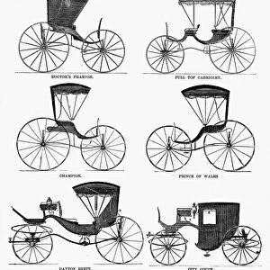 CARRIAGE TYPES, c1860. Horse carriage types manufactured by G. & D. Cook & Company, New Haven, Connecticut. Wood engraving, c1860