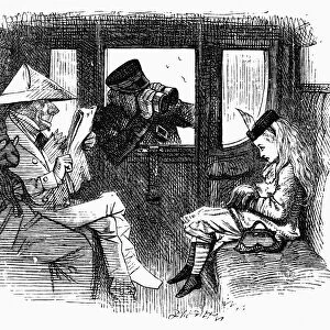 CARROLL: LOOKING GLASS. Ticket-taker on the train inspecting Alice with opera glasses. Wood engraving after Sir John Tenniel for the first edition of Lewis Carrolls Through the Looking Glass, 1872