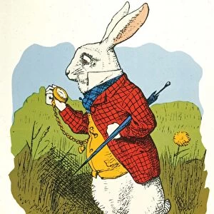 CARROLL: WHITE RABBIT 1865. The White Rabbit observing that he shall be too late: colored wood engraving after the design by Sir John Tenniel for the first edition, 1865, of Lewis Carrolls Alices Adventures in Wonderland