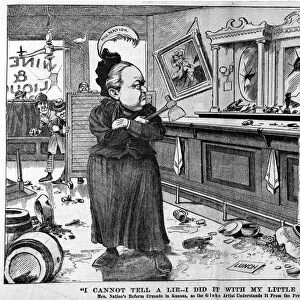 CARRY NATION (1846-1911). American temperance agitator. Cartoon from the Utica