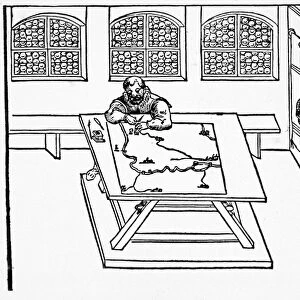 CARTOGRAPHER, 1598. The earliest printed picture of a cartographer at work