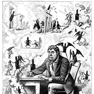 CARTOON: ALCOHOLISM, 1874. The Bottle Imp. Cartoon by Frank Bellew, 1874