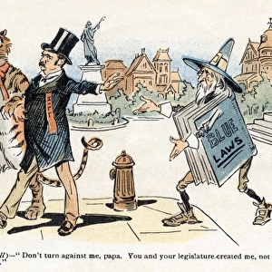 CARTOON: BLUE LAWS, 1895. Blue Laws (to D. B. Hill)- Don t turn against me, papa