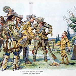 CARTOON: BOY SCOUTS, 1912. A new scout on the old trail - Put it thar, Pard! Yer do us proud