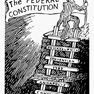 CARTOON: CONSTITUTION. A mid-20th century American cartoon showing the steps from the Articles of Confederation to the Federal Constitution