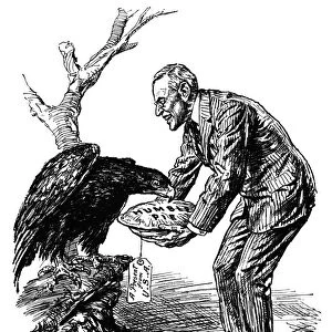 Cartoon depicting American President Woodrow Wilson serving the German eagle Humble Pie. British cartoon by Bernard Partridge, c1915