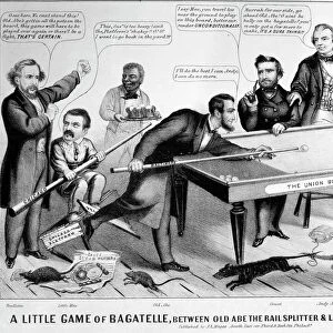 CARTOON: ELECTION OF 1864. A little game of bagatelle, between Old Abe the railsplitter and Little Mac the gunboat general. Cartoon on the presidential election of 1864 between Republican nominee Abraham Lincoln and the Democratic nominee Gen. George B. McClellan. Contemporary lithograph