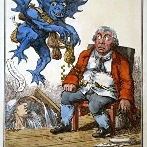 CARTOON: JOHN BULL, c1814. The Property Tax. English cartoon depicting a prosperous John Bull seated in a chair as a blue demon hovers above him using a magnet to withdraw coins from Bulls pocket. The ghost of William Pitt rises from the floorboards saying Johnny shall never forget me. Hand color etching by C. Willams, 1814