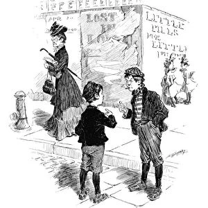 CARTOON: SCHOOLBOYS, 1904. The Age of Chivalry. So yer let dat teacher lick yer? Well