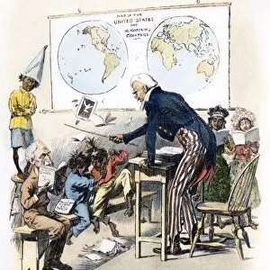 CARTOON: SPANISH-AMERICAN WAR, 1898. The United States, as Uncle Sam the school teacher