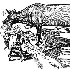 CARTOON: U. S. FARMING 1896. The Great American Cow: an American newspaper cartoon of 1896 showing Western and Southern farmers feeding the great American cow, while all the milk goes into Wall Streets pail