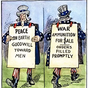 CARTOON: U. S. NEUTRALITY. Satirical American cartoon comment, c1917, on Uncle Sams conflicting desires to encourage peace by remaining neutral in World War I and to profiteer by selling munitions to the Allies
