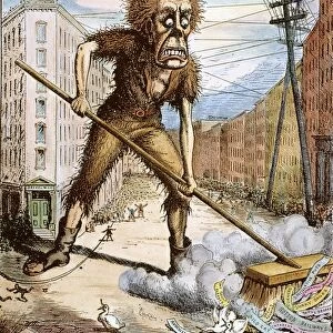 CARTOON: WALL ST. PANIC 1873. Panic as a health officer, sweeping the garbage out of Wall Street