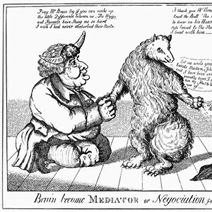 CARTOON: WAR OF 1812. Bruin become Mediator: or, Negociation for Peace. Russia (bear) attempting to broker peace between Britain and the United States shortly after the outbreak of the War of 1812, in order to protect Russias trade interests with America. Contemporary cartoon engraving by William Charles