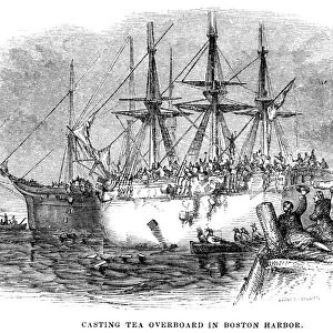 Casting tea overboard in Boston Harbor, 16 December 1773. Wood engraving, American, 1851