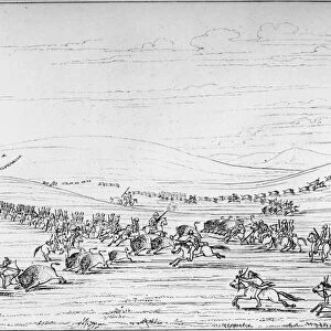 CATLIN: BUFFALO HUNT. Comanche chasing buffalo through the dragoons. Line engraving, 1844, after George Catlin