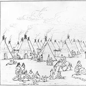 CATLIN: COMANCHE VILLAGE. A view of a Comanche village on the Great Plains, showing women dressing robes near racks of drying meat. Line engraving, 1844, after George Catlin