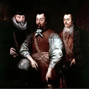 CAVENDISH, DRAKE & HAWKINS. English admirals and navigators. Left to right: Thomas Cavendish (1560-1592), Sir Francis Drake (c1540-1596), and Sir John Hawkins (1532-1595). Oil on canvas by an unknown artist, 17th century