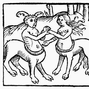 CENTAURS PLAYING, 1520. Young centaurs playing. Woodcut from Dialogues of Creatures Moralysed