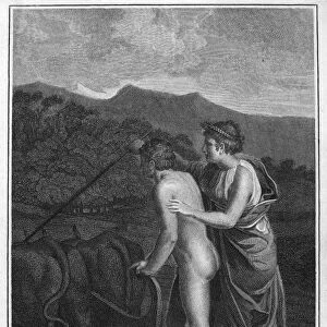 CERES AND TRIPTOLEMUS. Ceres (Demeter in Greek mythology) teaches Triptolemus to plough. Steel engraving, English, from an 1802 edition of John Drydens translation of Virgils Aeneid