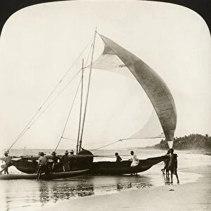 CEYLON: SAILING, 1907. Beaching a catamaran - through the surf at full sail, Wellawatta, Ceylon