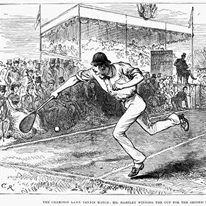 The champion lawn tennis match: Mr. Hartley winning the cup for the second time. John Thorneycroft Hartley winning at Wimbledon, England in 1880. Contemporary wood engraving