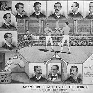 Champion pugilists of the world, presented by the Liston Beef Company of Chicago. John L. Sullivans portrait is to the left of the text. Lithograph, 1885